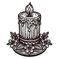 Ornate candle with intricate wax drippings surrounded by floral arrangement in black and white vector