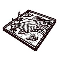 Isometric black and white landscape with mountains and trees, featuring geometric design vector