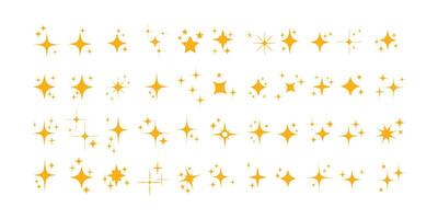 Collection of different yellow sparkling stars icon, decorative twinkle and bursts forms, abstract shining flash symbols, glowing light effect, y2k style basic shapes geometric graphic elements. vector