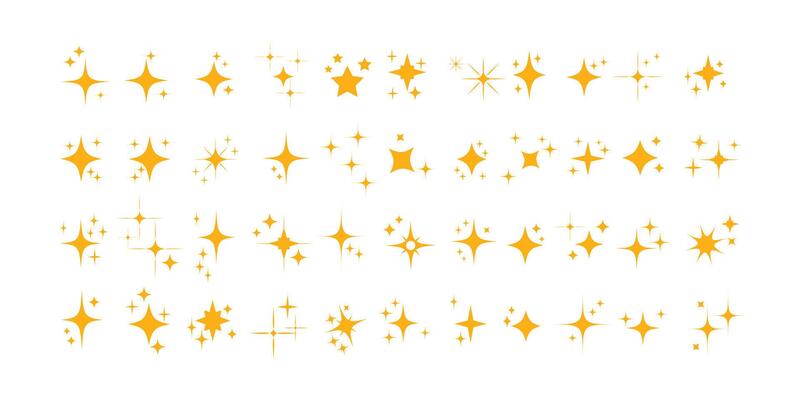 Collection of different yellow sparkling stars icon, decorative twinkle and bursts forms, abstract shining flash symbols, glowing light effect, y2k style basic shapes geometric graphic elements.
