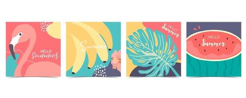 Collection of summer background set with palm,watermelon flamingo,banana.Hello summer vector