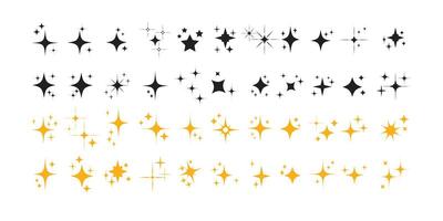 Collection of different color sparkling stars icon, decorative twinkle and bursts forms, abstract shining flash symbols, glowing light effect, y2k style basic shapes geometric graphic elements. vector