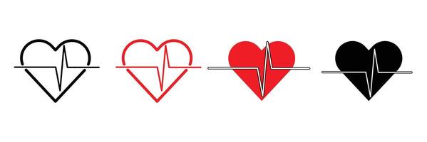 Heart beat pulse flat icon in different type. Heart shape with pulse line. Heart rate, Heart and cardiorgam line icon set. vector