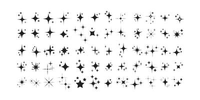 Collection of different black sparkling stars icon, decorative twinkle and bursts forms, abstract shining flash symbols, glowing light effect, y2k style basic shapes geometric graphic elements. vector