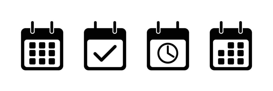 black calendar icon in different style isolated on white background. month week day calendar icons. vector