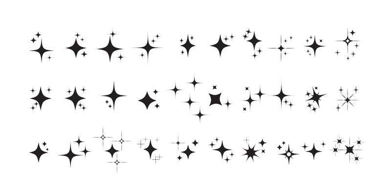 Set of black blinking stars collections. Star icons. Twinkling stars. Sparkles, shining burst. Christmas isolated. Retro futuristic bright icons