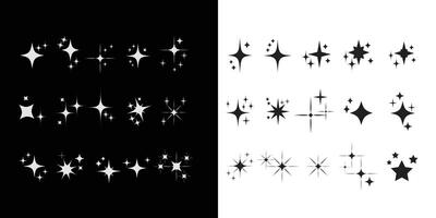 Set of original star sparkle shapes. Abstract shine effect sign. Retro futuristic bright icons collection. Glowing light effect, twinkle templates stars and bursts, shiny flash. vector