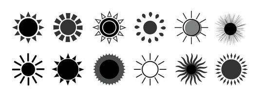 Sun icons. Sun icon set in black color isolated set. Set of 10 suns icon collection in black color. Solar summer icon isolated on white background. Flat design. vector