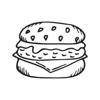Burger Sketch for Menu, Restaurant, Cafe, Poster, Banner. Hand Drawn Classical Hamburger with cheese, salad, cucumber. Doodle Hamburger Day. Line Art vector