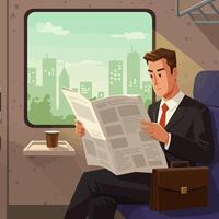Man Reading Newspaper During Commute on Train vector