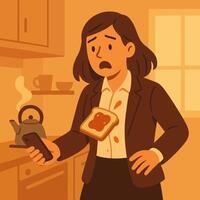 Woman Dropping Toast with Jam While Using Phone in Kitchen vector