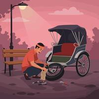 Man Repairing Cycle Rickshaw Wheel on Street at Dusk vector
