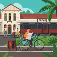 Man Riding Becak at Train Station Reading Newspaper vector