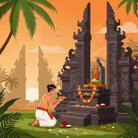 Person Praying at Stone Shrine with Offerings and Palm Trees vector