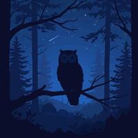 Owl Perched on Branch in Night Forest Scene vector