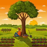 Farmer Resting Under Tree After Harvest at Sunset vector