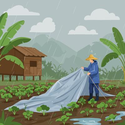 Farmer Covering Crops in Rain Agriculture Scene