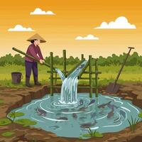 Farmer Works with Bamboo Irrigation System for Fish Pond vector