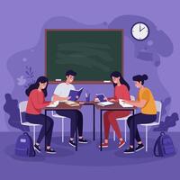 Students Studying Together in Classroom with Chalkboard Clock vector