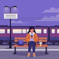 Woman Using Phone While Waiting at Train Station Platform vector