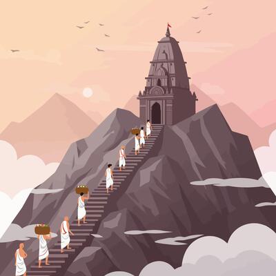 People Climbing Mountain Stairs to Temple at Sunrise