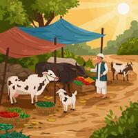 Outdoor Farmer Selling Vegetables with Animals Artwork vector