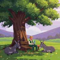 Resting Farmer with Donkeys Under a Large Tree Illustration vector