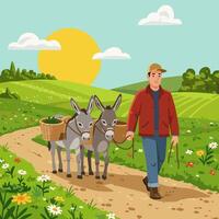 Farmer Walking Donkeys on Path Through Sunny Meadow vector