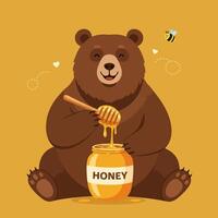 Bear Eating Honey From a Jar with a Honey Dipper vector