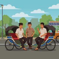 Men Relaxing Near Rickshaw on Roadside in City vector