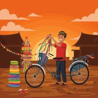 Man Preparing Bicycle Decoration for Cultural Event at Sunset vector