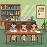 Children Reading Books Together in Library Setting vector