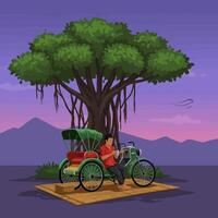 Man Resting by Tree Near Transportation at Dusk vector