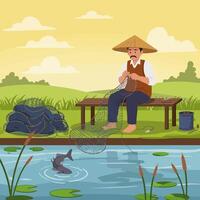 Fisherman Mending Fishing Net Near Pond at Daytime vector