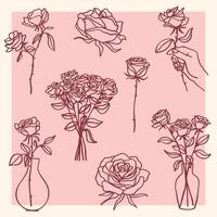 Set of elegant rose illustrations in line art on a pink background in doodle style vector