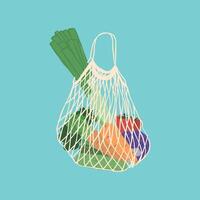 Hand-drawn illustration of a reusable mesh bag with fresh vegetables vector