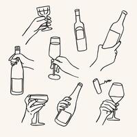 Hand-drawn wine and glassware collection in elegant line art style vector