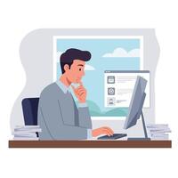 Man Working at Computer in Office Thinking vector