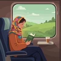 Woman Reading Book on Train Relaxing Travel vector