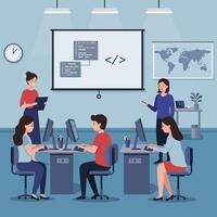 People Working on Computer Coding at Office Presentation vector