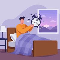 Man Holding Broken Clock Shows Frustration After Waking Up vector