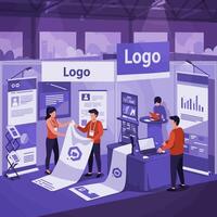 Setting Up Booth at Trade Show with Team Preparing Display vector