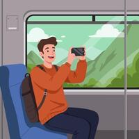Man Taking Photo From Train Window During Travel vector