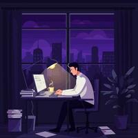Person Working at Night on Computer in Home Office vector