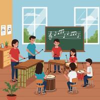 Children Playing Musical Instruments in Classroom Setting vector
