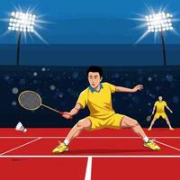 Badminton Player Hitting Shuttlecock in Stadium vector