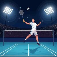 Man Playing Badminton with Racket and Shuttlecock at Night vector