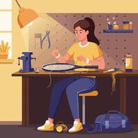 Woman Stringing a Tennis Racket at Workbench Indoors vector