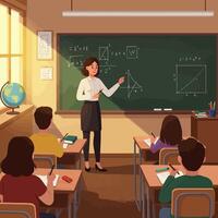Teacher Teaching Math in Classroom with Students Learning vector