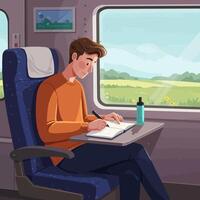 Man Writing in Notebook While Train Traveling in Daytime vector